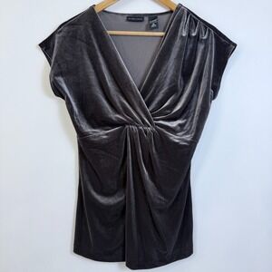 NY & Co Y2K Velvet Velour Babydoll Top Size M Dark Gray Twist Front Stretch